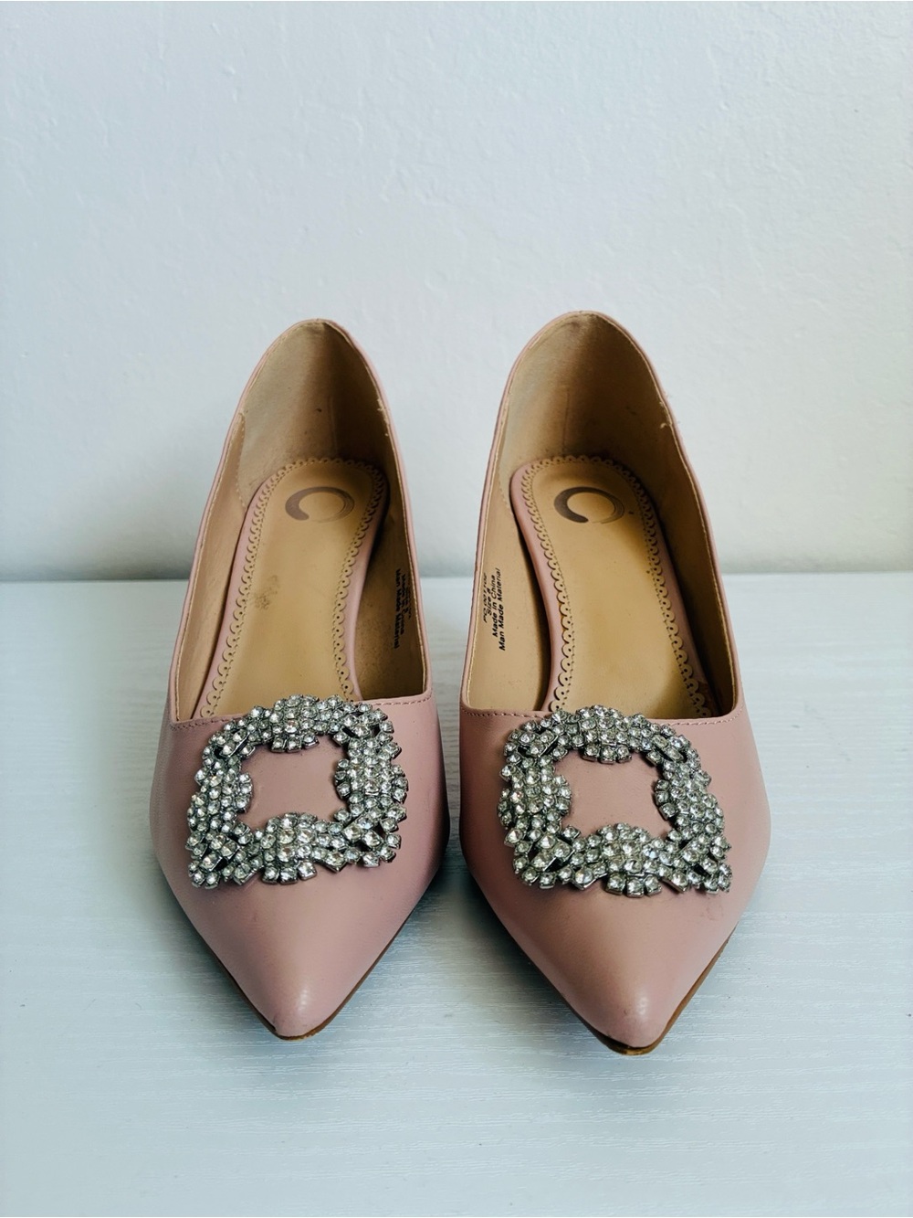 Women’s Pink Pointed Toe Flats with Crystal Buckle